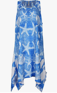 A blue cover-up vestido with white shark bite and star patterns, adorned with gemstone-like embellishments.