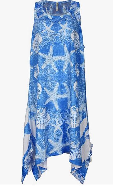 A blue cover-up vestido with white shark bite and star patterns, adorned with gemstone-like embellishments.