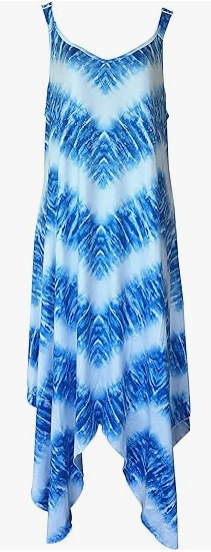 Chic blue and white tie-dye asymmetric dress with a sleeveless design, perfect for summer fashion, ideal for trendy and comfortable casual wear.