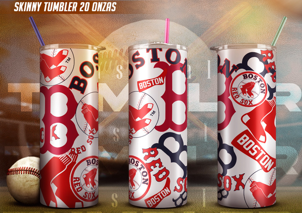 Boston Red Sox 20 oz skinny tumblers with team logo and red socks design, each with a straw, and a baseball in the foreground.