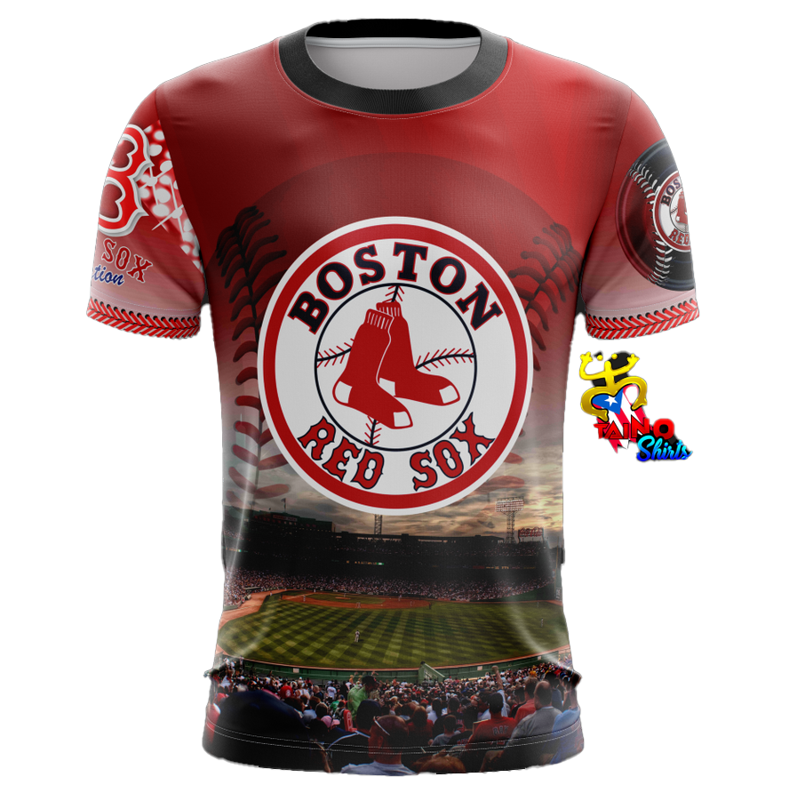 A short-sleeved Boston Red Sox themed T-shirt featuring the team's logo and colors, designed for fans.