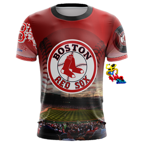 A short-sleeved Boston Red Sox themed T-shirt featuring the team's logo and colors, designed for fans.
