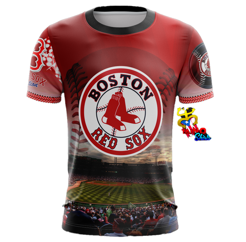A short-sleeved Boston Red Sox themed T-shirt featuring the team's logo and colors, designed for fans.