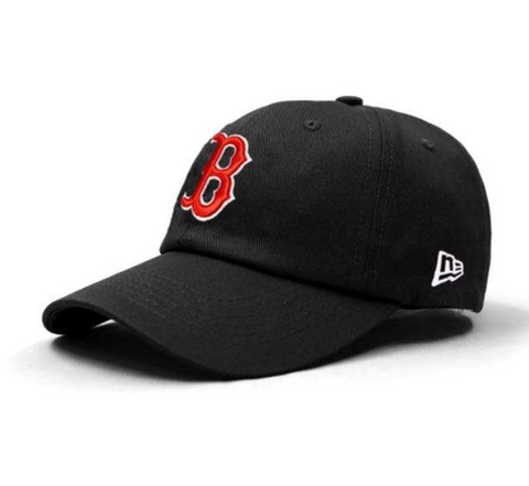 Black snapback baseball hat with the word 'Boston' embroidered in red on the front.