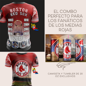 Boston Red Sox fan combo set featuring exclusive team jersey and 20oz stainless steel tumblers with Red Sox logo and championship designs.