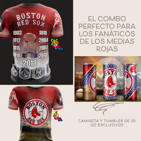 Boston Red Sox fan combo set featuring exclusive team jersey and 20oz stainless steel tumblers with Red Sox logo and championship designs.