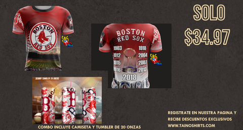 Boston Red Sox shirt and tumbler combo featuring a red jersey with team logo and championship years, paired with a 20 oz tumbler, priced at $34.97, available at tainoshirts.com.