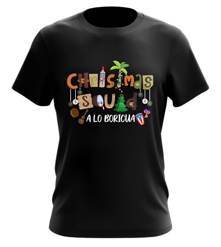 Black T-shirt with 'Christmas Squad A Lo Boricua' text and various festive graphics related to Puerto Rican culture.
