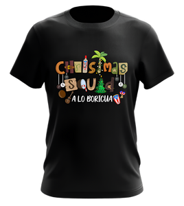Black T-shirt with 'Christmas Squad A Lo Boricua' text and various festive graphics related to Puerto Rican culture.