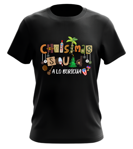 Black T-shirt with 'Christmas Squad A Lo Boricua' text and various festive graphics related to Puerto Rican culture.