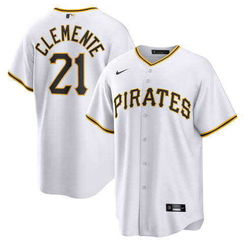 A white baseball jersey with the name 'Clemente' and the number '21' embroidered on the back, representing the Pittsburgh Pirates.
