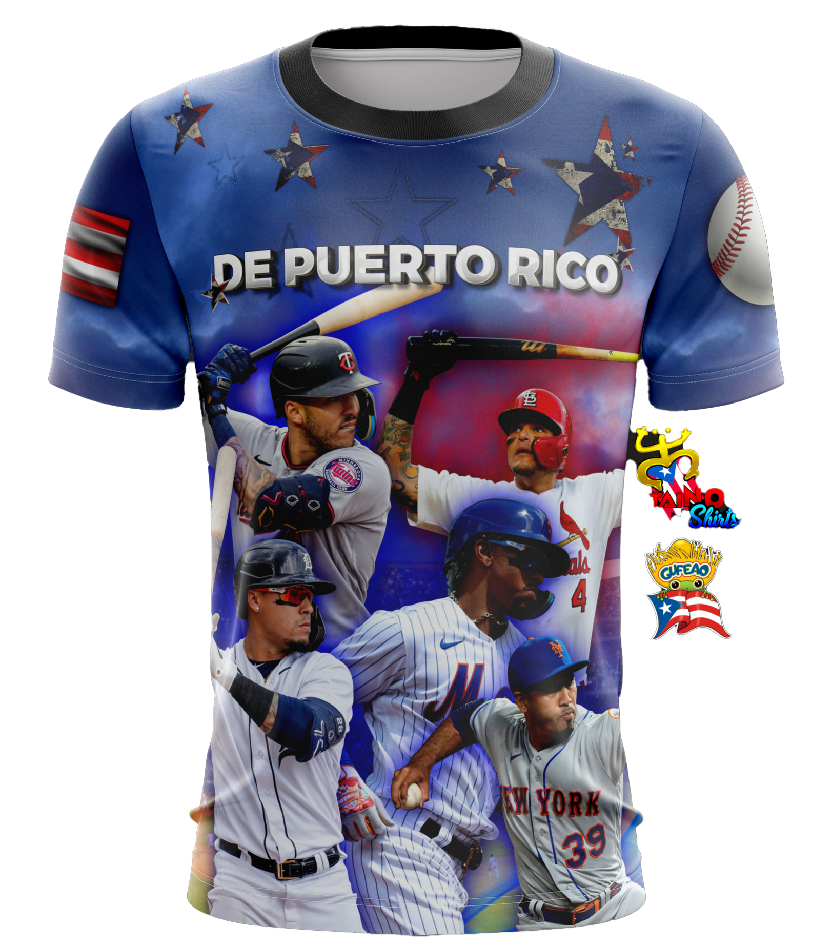 A sports t-shirt featuring multiple images of baseball players and the text 'DE PUERTO RICO'. The shirt is primarily blue and white, with graphics in a collage style spread across the front.