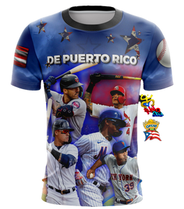 A sports t-shirt featuring multiple images of baseball players and the text 'DE PUERTO RICO'. The shirt is primarily blue and white, with graphics in a collage style spread across the front.