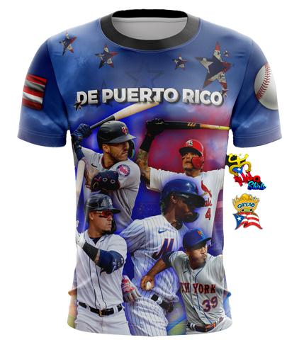 A sports t-shirt featuring multiple images of baseball players and the text 'DE PUERTO RICO'. The shirt is primarily blue and white, with graphics in a collage style spread across the front.