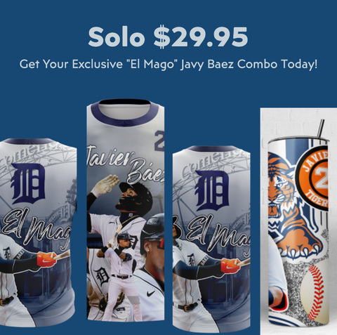 A stylish Detroit Tigers jersey featuring Javier Báez, known as "El Mago," with his number 2, action shots, and the team logo, perfect for dedicated fans.