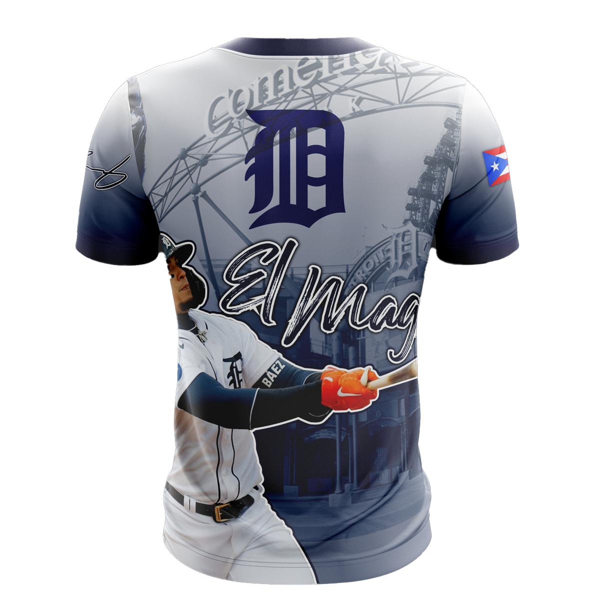 A striking Detroit Tigers jersey featuring Javier Báez with his number 28, showcasing action shots, the team logo, and a Puerto Rican flag patch, ideal for passionate fans.