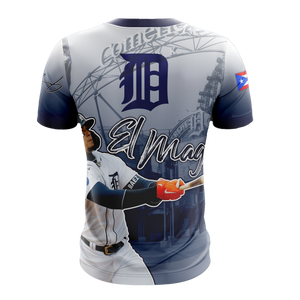 A striking Detroit Tigers jersey featuring Javier Báez with his number 28, showcasing action shots, the team logo, and a Puerto Rican flag patch, ideal for passionate fans.