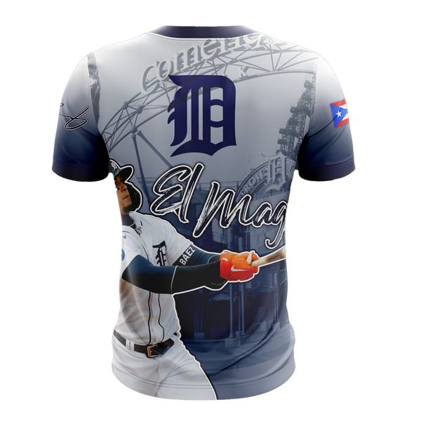 A striking Detroit Tigers jersey featuring Javier Báez with his number 28, showcasing action shots, the team logo, and a Puerto Rican flag patch, ideal for passionate fans.
