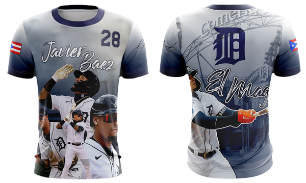 A striking Detroit Tigers jersey featuring Javier Báez with his number 28, showcasing action shots, the team logo, and a Puerto Rican flag patch, ideal for passionate fans.