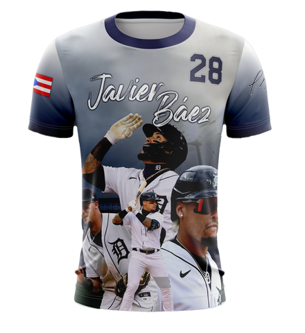 A striking Detroit Tigers jersey featuring Javier Báez with his number 28, showcasing action shots, the team logo, and a Puerto Rican flag patch, ideal for passionate fans.