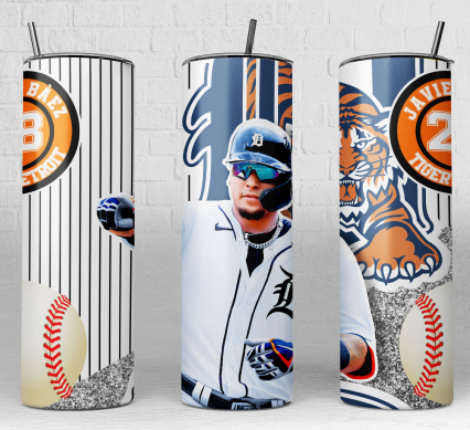 A set of three 20 oz stainless steel tumblers featuring images of a baseball player in a Detroit Tigers uniform, with an accompanying straw and lid.