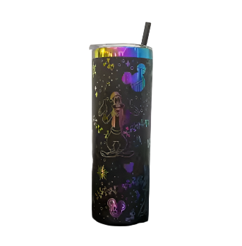A stainless-steel tumbler with a colorful Disney-inspired laser engraved design featuring characters and patterns.