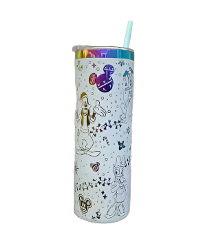 Festive tumbler with a rainbow finish featuring Mickey and Minnie Mouse in holiday attire with candy canes and snowflakes, complete with a straw, perfect for Disney fans and festive occasions.