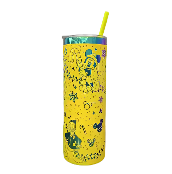 Festive tumbler with a rainbow finish featuring Mickey and Minnie Mouse in holiday attire with candy canes and snowflakes, complete with a straw, perfect for Disney fans and festive occasions.