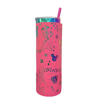 Festive tumbler with a rainbow finish featuring Mickey and Minnie Mouse in holiday attire with candy canes and snowflakes, complete with a straw, perfect for Disney fans and festive occasions.