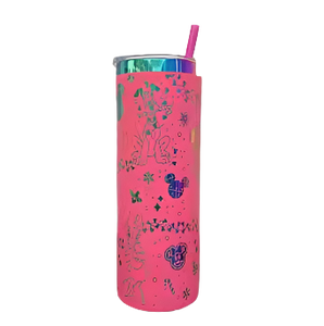 Festive tumbler with a rainbow finish featuring Mickey and Minnie Mouse in holiday attire with candy canes and snowflakes, complete with a straw, perfect for Disney fans and festive occasions.