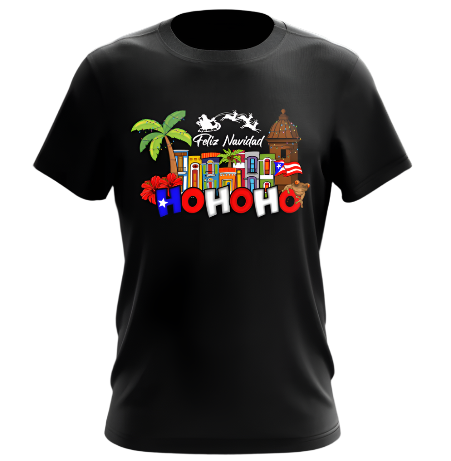 Festive black T-shirt with a vibrant "Feliz Navidad" and "HOHOHO" design, featuring tropical palm trees, Puerto Rican flags, and a Santa sleigh, perfect for holiday celebrations with a cultural flair.
