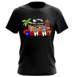 Festive black T-shirt with a vibrant "Feliz Navidad" and "HOHOHO" design, featuring tropical palm trees, Puerto Rican flags, and a Santa sleigh, perfect for holiday celebrations with a cultural flair.