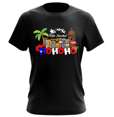 Festive black T-shirt with a vibrant "Feliz Navidad" and "HOHOHO" design, featuring tropical palm trees, Puerto Rican flags, and a Santa sleigh, perfect for holiday celebrations with a cultural flair.