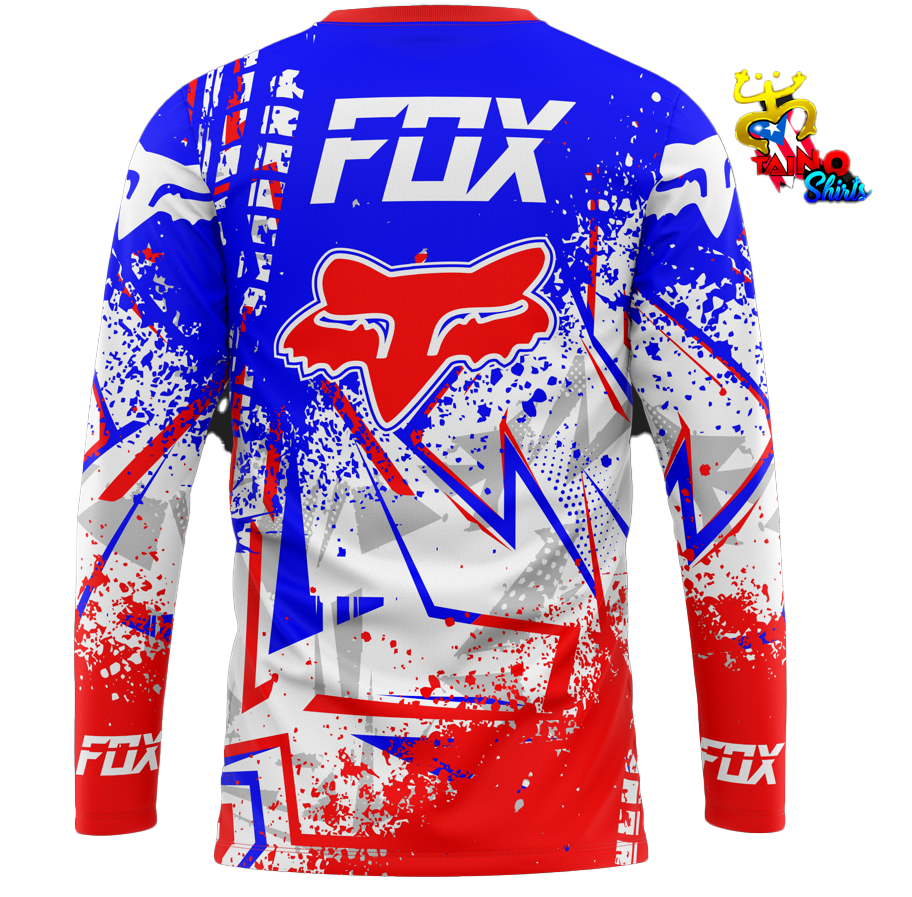 Fox racing t-shirt featuring a bold blue, red, and white design with the iconic Fox logo and splatter effects, perfect for motorsport enthusiasts in 2025, designed by Taino Shirts.5.9sFast