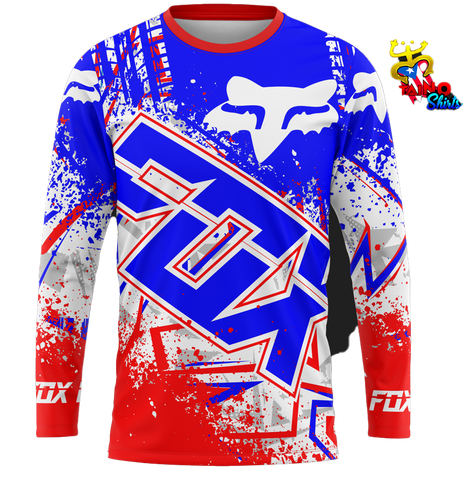 Long sleeve off-road shirt with a geometric pattern primarily in red, white, and blue colors, featuring the 'Fox' logo.
