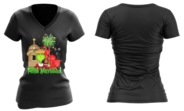 Festive black V-neck T-shirt featuring the Grinch with "Feliz Navidad" text, tropical design, and front-back views, ideal for holiday celebrations and unique gift ideas.