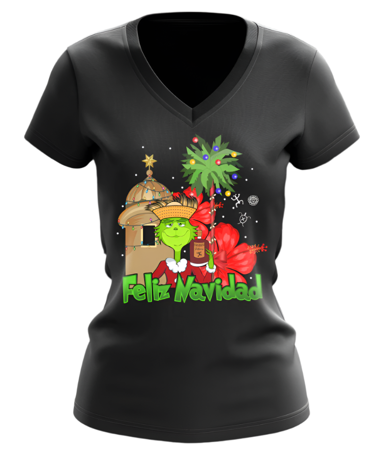 Festive black V-neck T-shirt featuring the Grinch with "Feliz Navidad" text, tropical design, and front-back views, ideal for holiday celebrations and unique gift ideas.