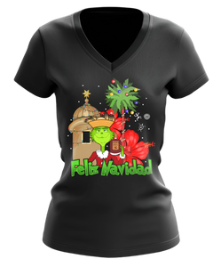 Festive black V-neck T-shirt featuring the Grinch with "Feliz Navidad" text, tropical design, and front-back views, ideal for holiday celebrations and unique gift ideas.