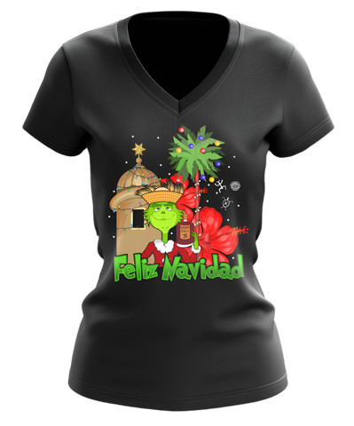 Festive black V-neck T-shirt featuring the Grinch with "Feliz Navidad" text, tropical design, and front-back views, ideal for holiday celebrations and unique gift ideas.