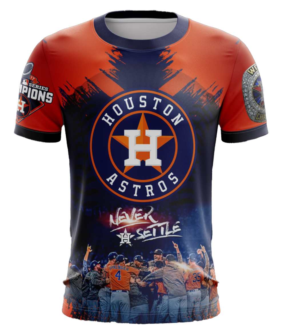 A vibrant orange and navy blue Houston Astros fan shirt featuring the team logo, "Never Settle" text, a World Champions patch from 2017, and an image of celebrating players, set against a black background.