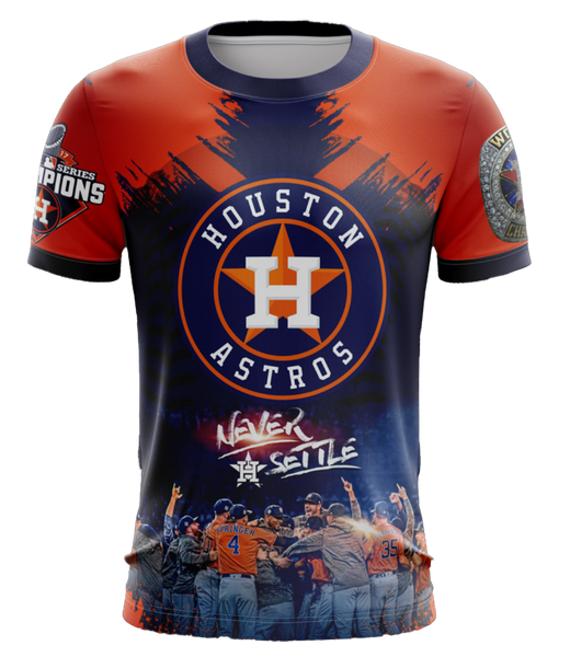 A vibrant orange and navy blue Houston Astros fan shirt featuring the team logo, "Never Settle" text, a World Champions patch from 2017, and an image of celebrating players, set against a black background.