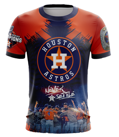 A vibrant orange and navy blue Houston Astros fan shirt featuring the team logo, "Never Settle" text, a World Champions patch from 2017, and an image of celebrating players, set against a black background.