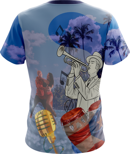 Vibrant "I Love Salsa" T-shirt with a tropical Puerto Rico design, featuring palm trees, a dancing couple, saxophone, drums, and the Puerto Rican flag, perfect for salsa music and culture enthusiasts.