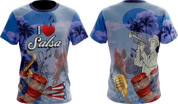 Vibrant "I Love Salsa" T-shirt with a tropical Puerto Rico design, featuring palm trees, a dancing couple, saxophone, drums, and the Puerto Rican flag, perfect for salsa music and culture enthusiasts.