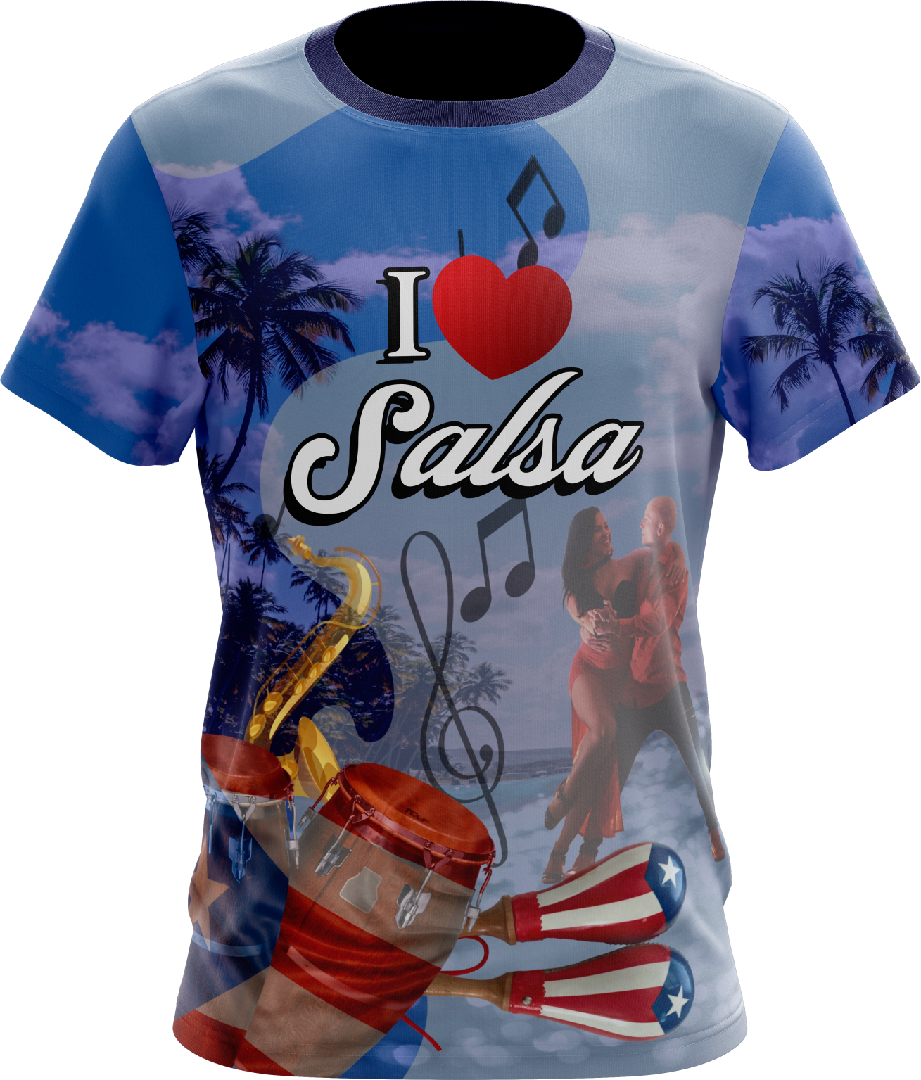 A t-shirt with a graphic design that includes the text 'I love Salsa', musical notes, and images of salsa dancers and a saxophone.