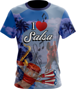 A t-shirt with a graphic design that includes the text 'I love Salsa', musical notes, and images of salsa dancers and a saxophone.