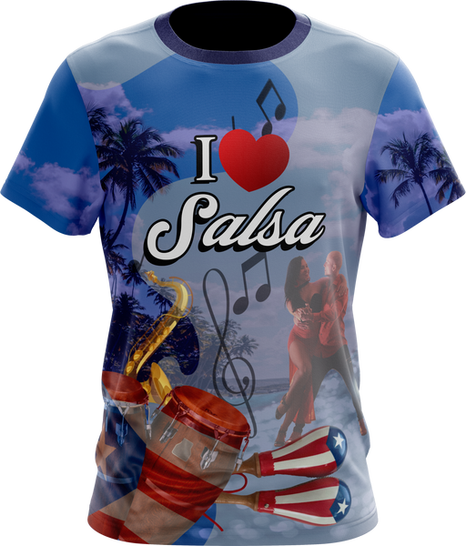A t-shirt with a graphic design that includes the text 'I love Salsa', musical notes, and images of salsa dancers and a saxophone.