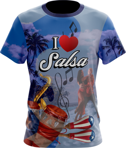 A t-shirt with a graphic design that includes the text 'I love Salsa', musical notes, and images of salsa dancers and a saxophone.