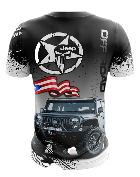 A rugged black Jeep 4x4 t-shirt featuring a Jeep vehicle, brand logo, Puerto Rican flag, tire tracks, and Mopar label, perfect for off-road enthusiasts.