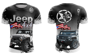 A rugged black Jeep 4x4 t-shirt featuring a Jeep vehicle, brand logo, Puerto Rican flag, tire tracks, and Mopar label, perfect for off-road enthusiasts.